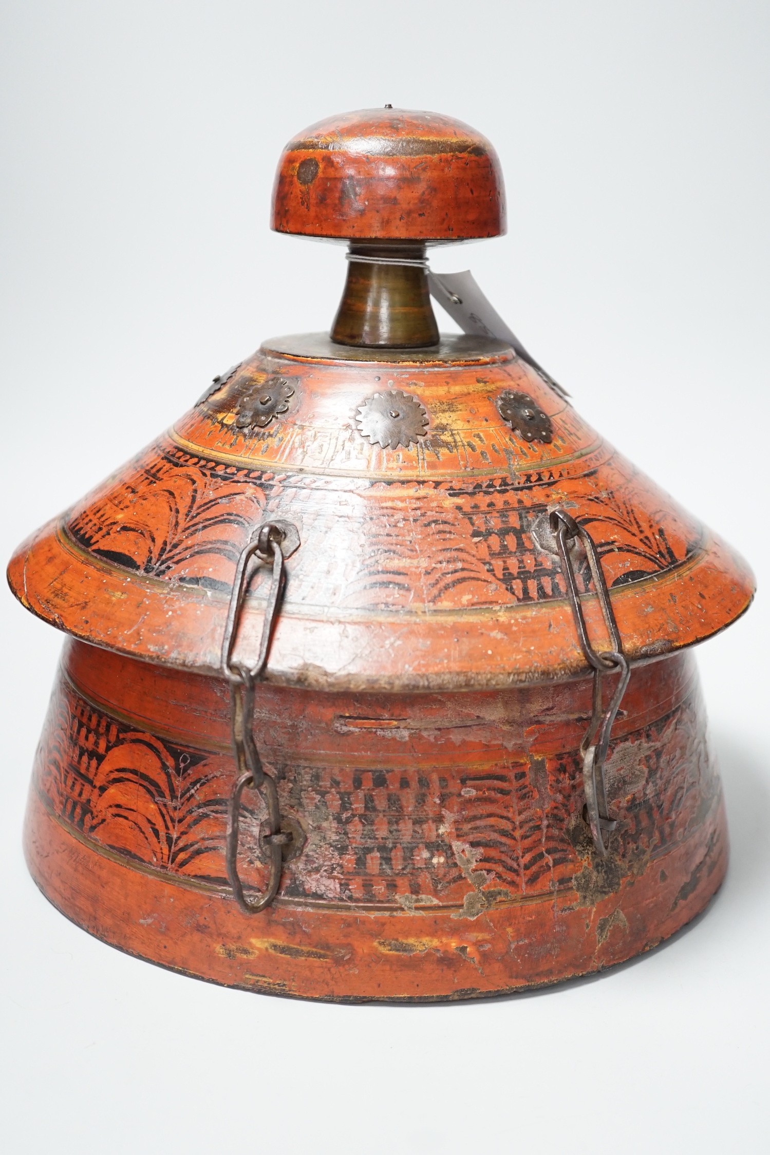 A Chinese wooden painted spice container and cover. 28cm tall